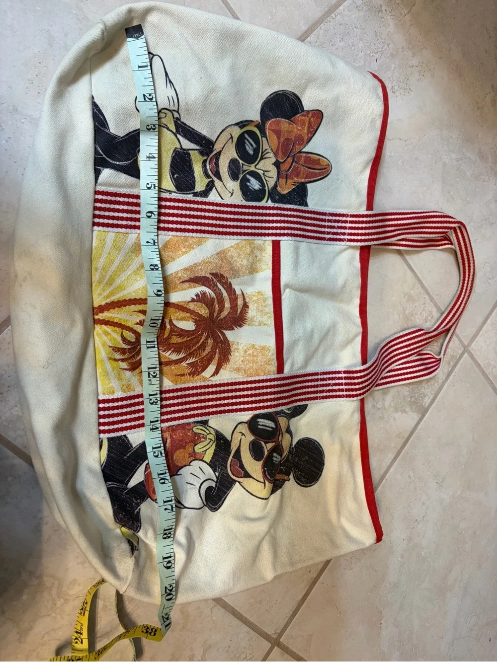 Disney Cream Canvas Tote with Red Striped Handles and Black Print